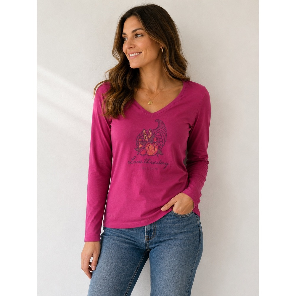 Life is Good Long Sleeve V-Neck T-Shirt Magenta Pink Cornucopia Womens Medium